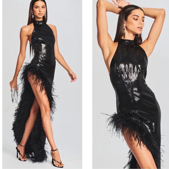 Retrofete Vixen Sequin Feather Hem High Slit Halterneck Maxi Dress Size Large - Picture 2 of 12